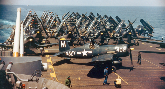 Vought F4U Corsairs prepare to take off from the deck of the USS Princeton (CV-37) during the Korean War in 1951 (US Navy)